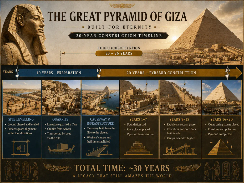 Timeline diagram showing the 20-year construction of the Great Pyramid