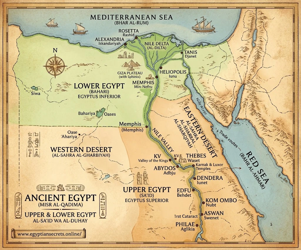Map of ancient Egypt showing Upper and Lower Egypt along the Nile