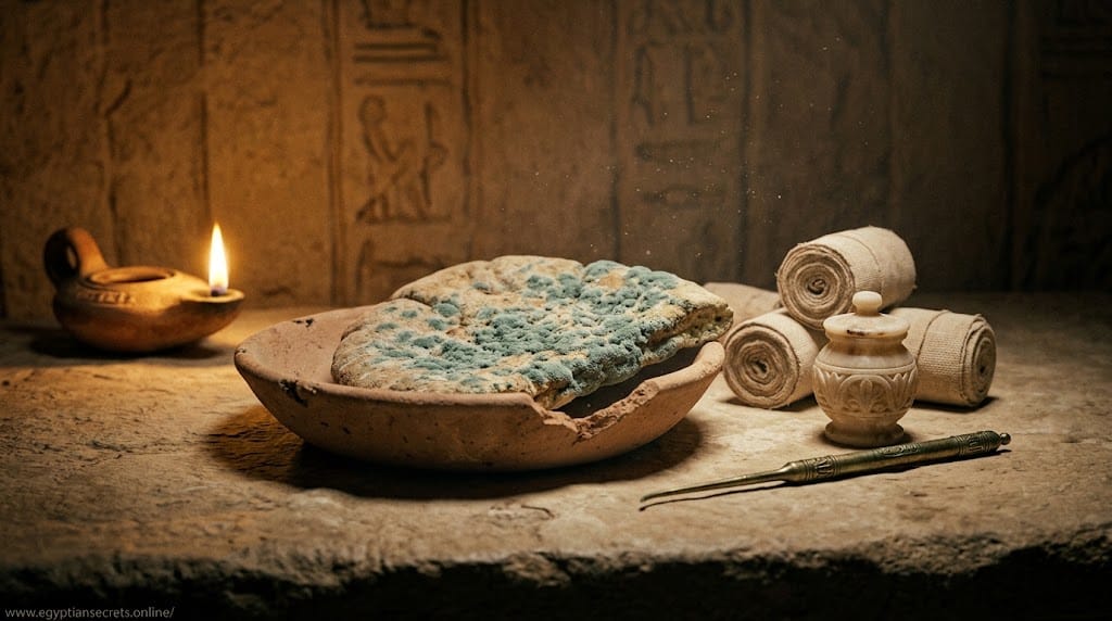 Close-up of moldy ancient Egyptian bread beside linen wound bandages in a warm-lit healer's chamber, illustrating early antibiotic use in ancient Egypt.