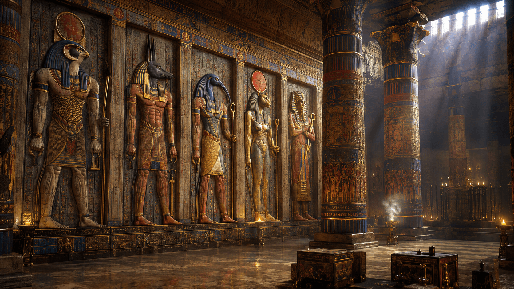 Major ancient Egyptian gods depicted together in a temple hall