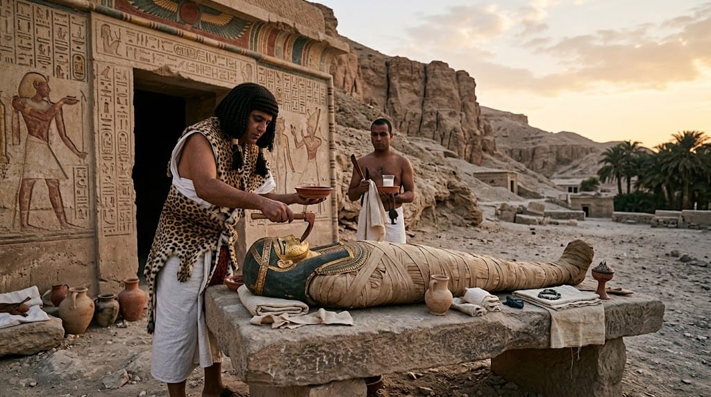 Priest performing the Opening of the Mouth ceremony before a tomb