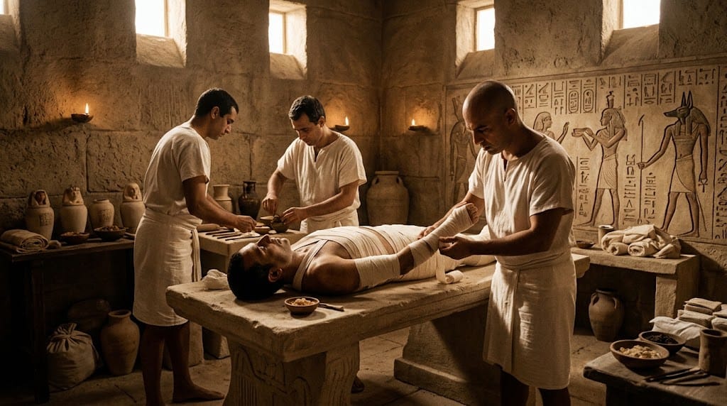 Egyptian embalmers preparing a body during ancient Egyptian mummification