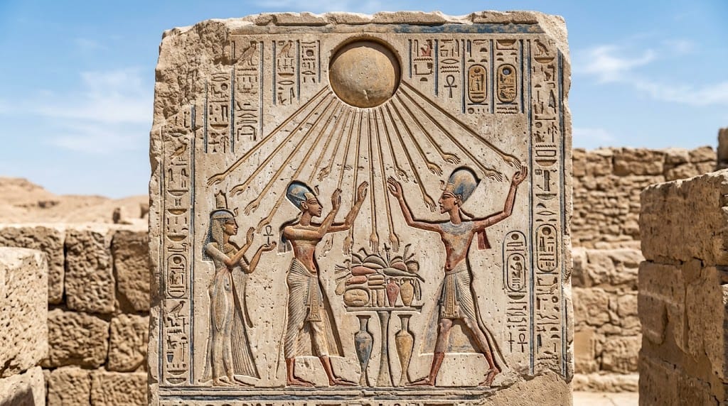 The Aten sun disc with rays ending in hands above a royal figure