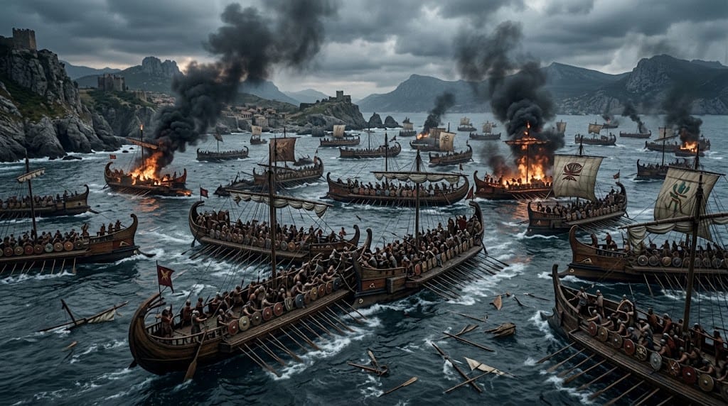 Roman and Egyptian war galleys engaged at the Battle of Actium