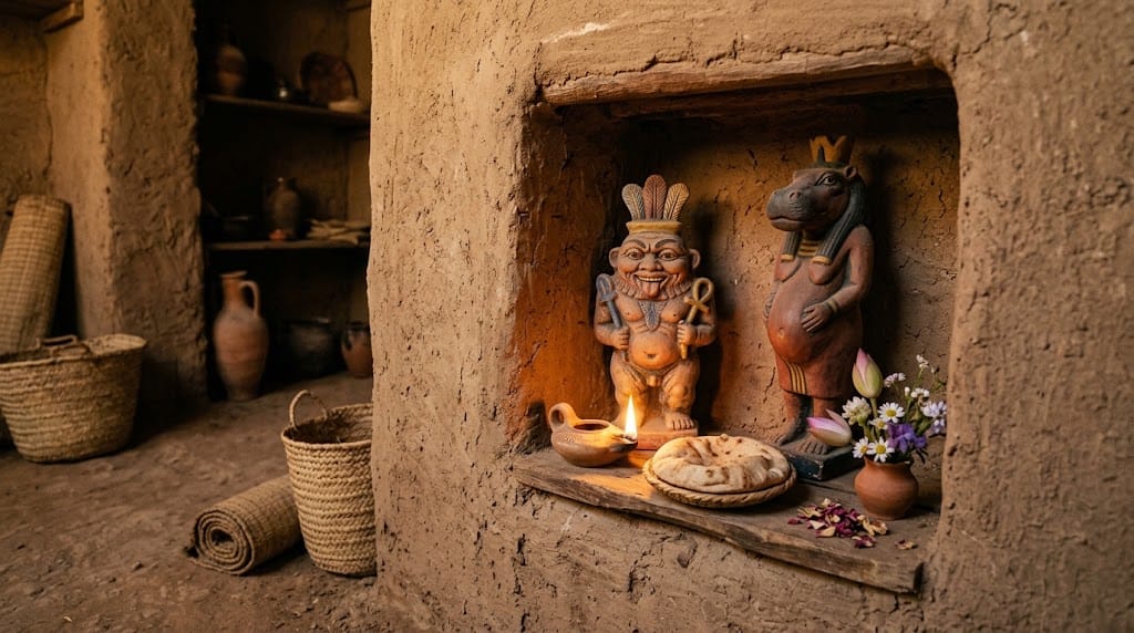 Small figurines of the household protective gods Bes and Taweret in an Egyptian home