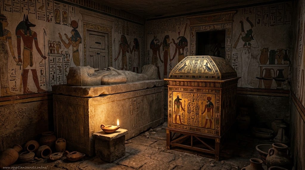 Painted wooden canopic chest positioned beside a sarcophagus in a tomb