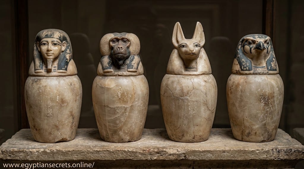 Four canopic jars with human, baboon, jackal and falcon head stoppers