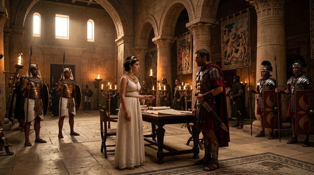 Cleopatra meeting Julius Caesar in the royal palace at Alexandria