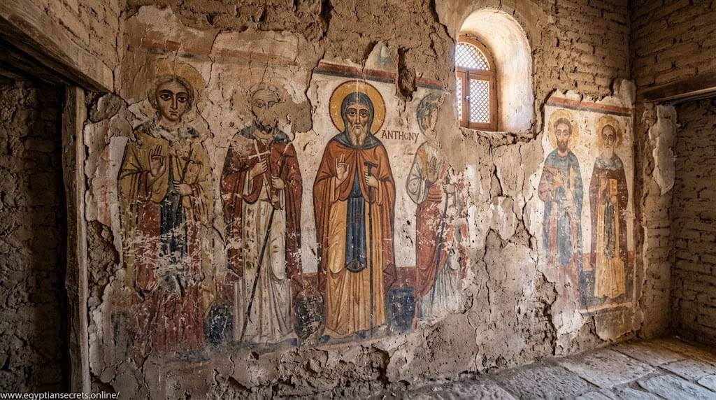 Faded Coptic wall paintings of saints inside an Egyptian monastery