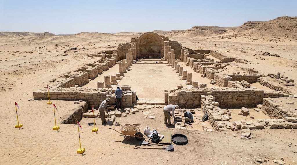 Stone foundations and column bases of an early Christian church in the Egyptian desert