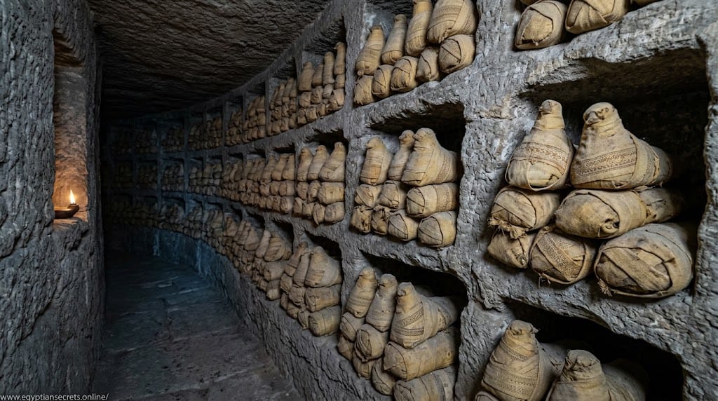 Rows of linen-wrapped bird mummies stacked in an underground catacomb