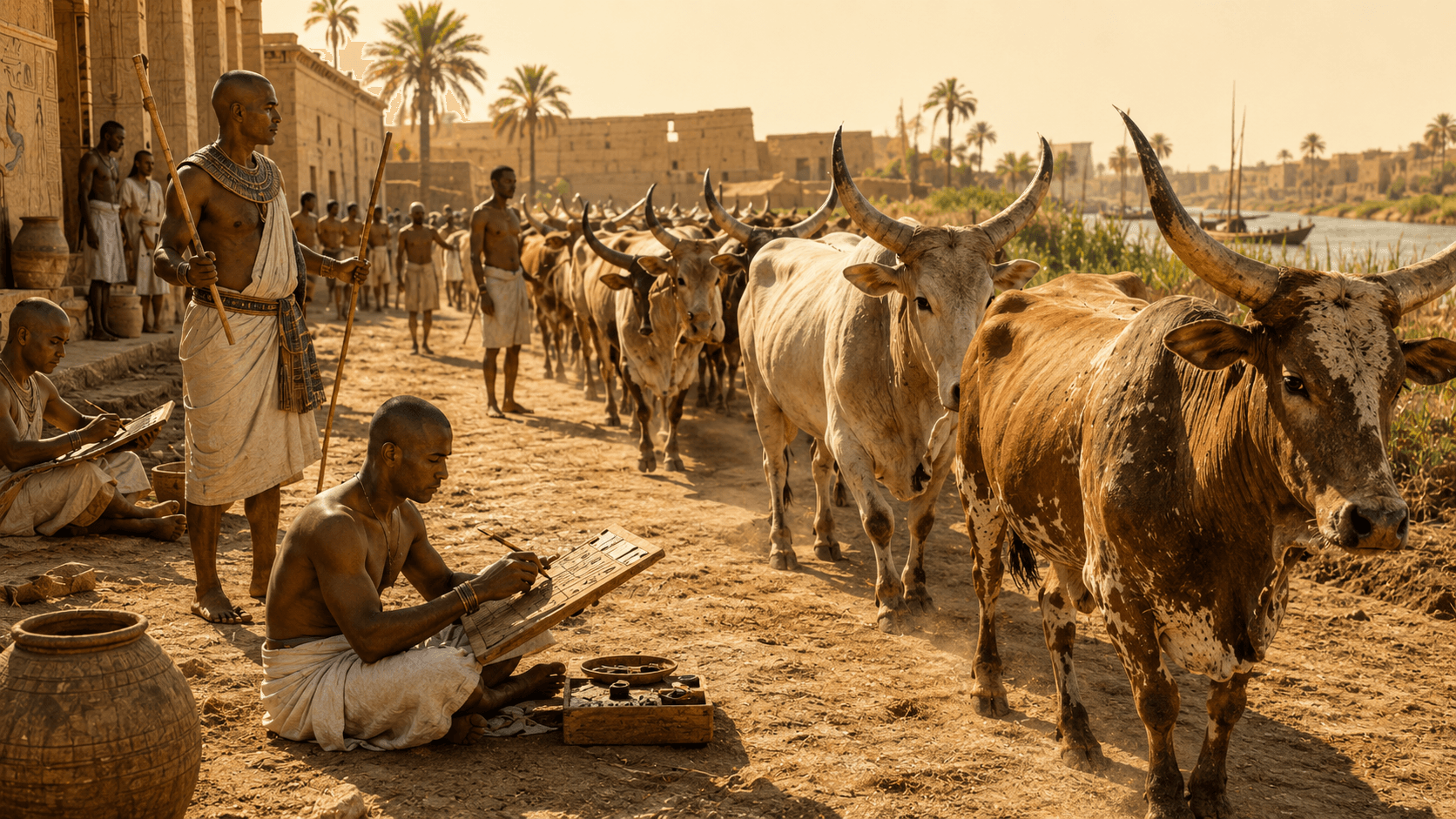 Officials tallying herds of cattle while a seated scribe records numbers on a writing board
