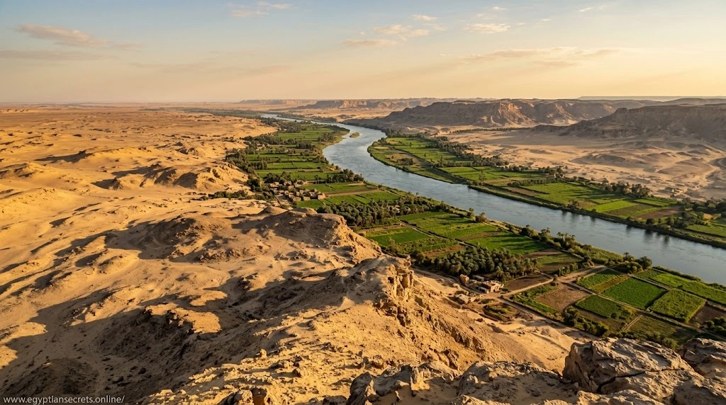 Vast empty desert bordering the narrow green Nile valley