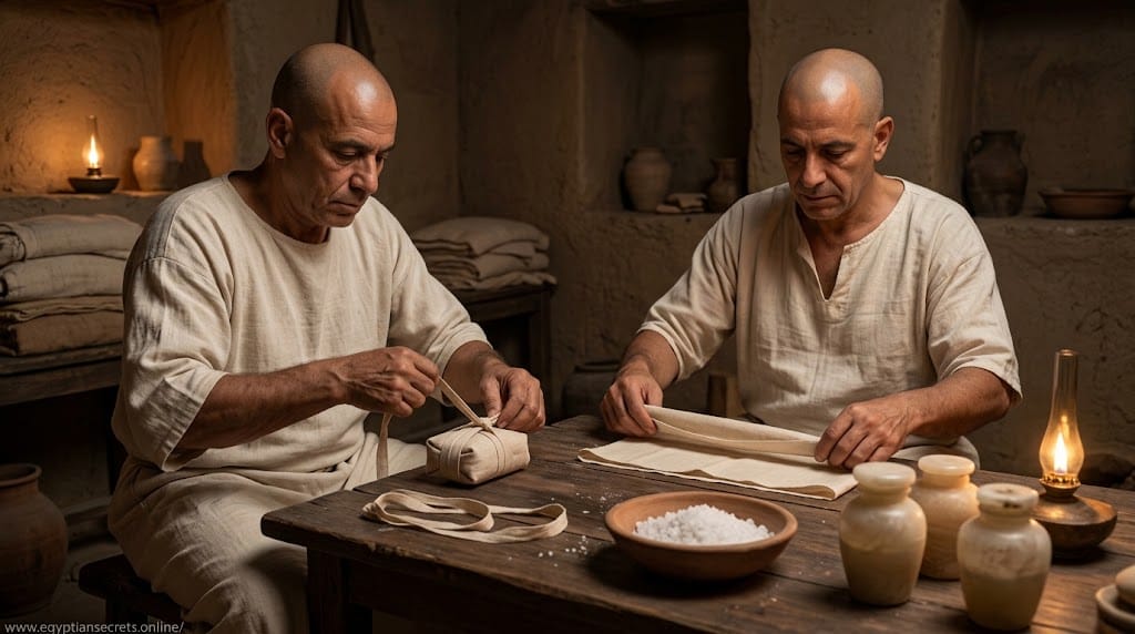 Embalmers wrapping treated organs in linen beside canopic jars