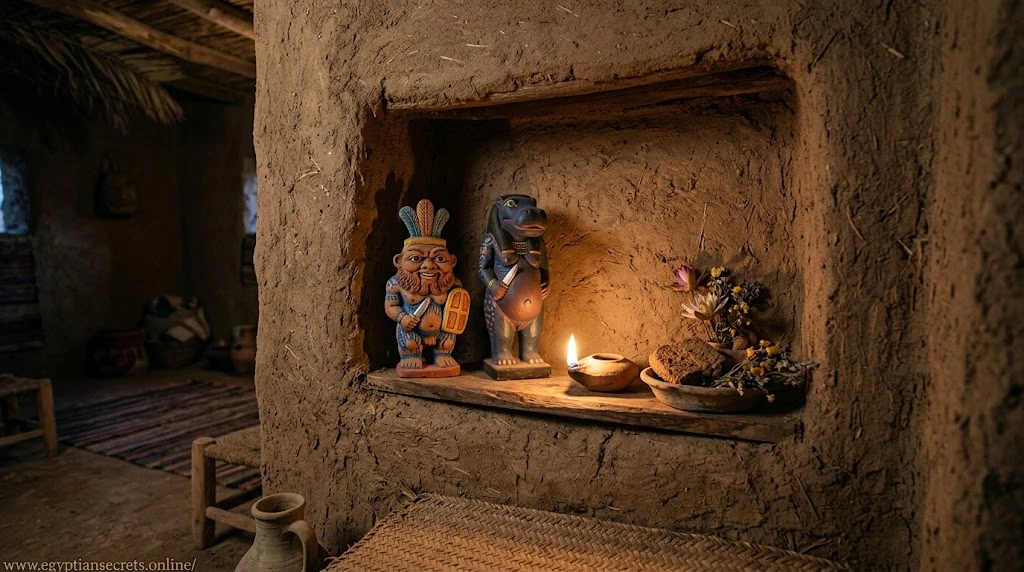 A small household shrine with protective figurines in an Egyptian home
