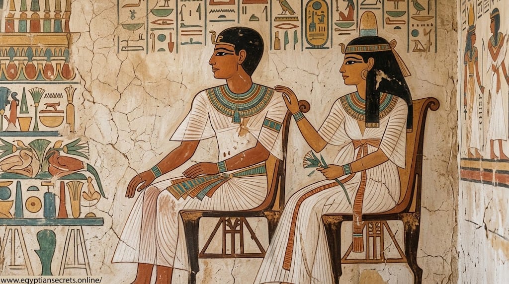 Egyptian tomb painting showing a man and woman with heavily kohl-lined eyes