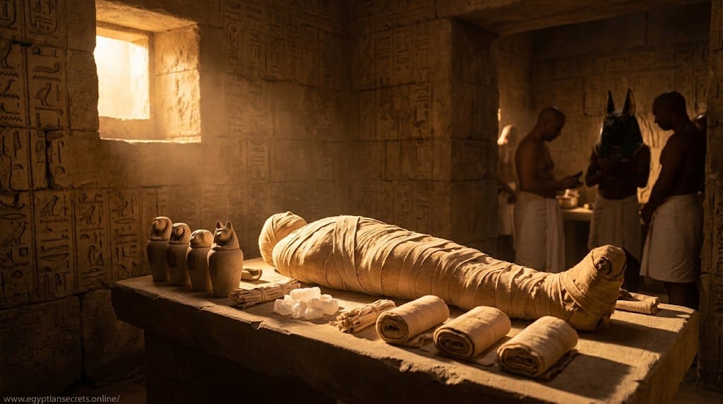 Ancient Egyptian embalming chamber showing natron salt, linen wrapping strips, and canopic jars used in the mummification preservation process
