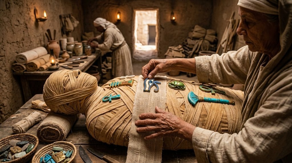 Linen bandages and protective amulets being layered over a wrapped mummy