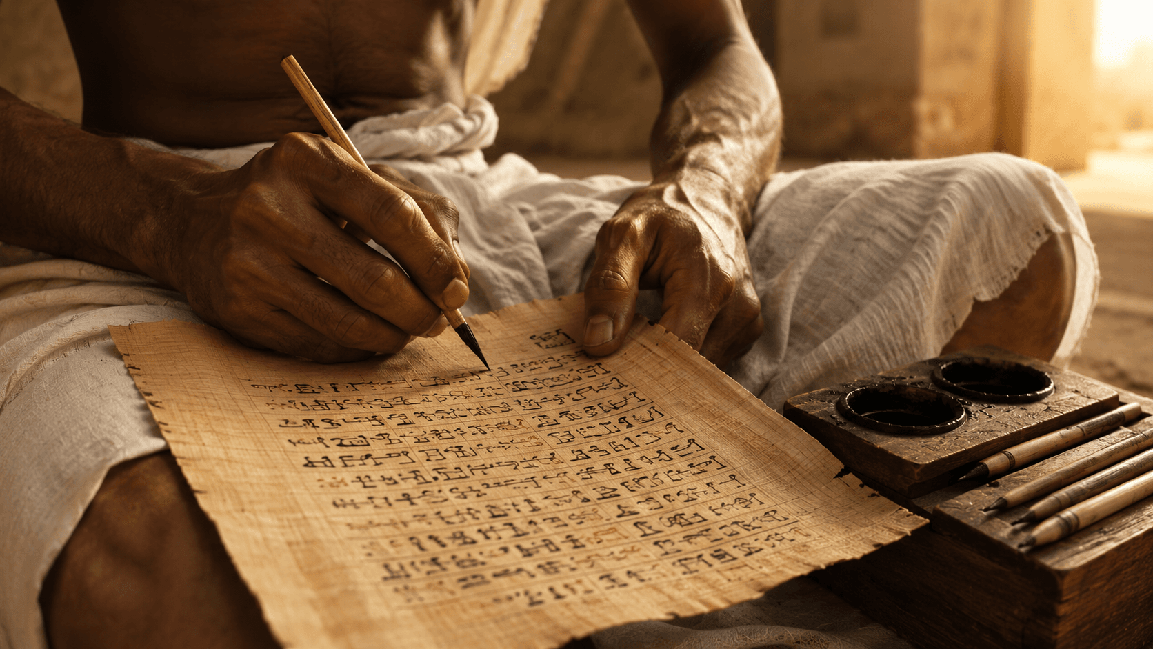 Close view of an Egyptian scribe writing hieratic script on papyrus with a reed brush