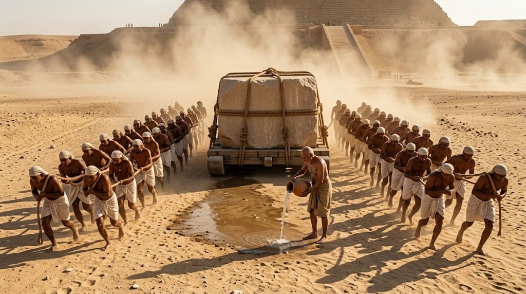 Worker pouring water on sand ahead of a loaded sledge being dragged by rope teams