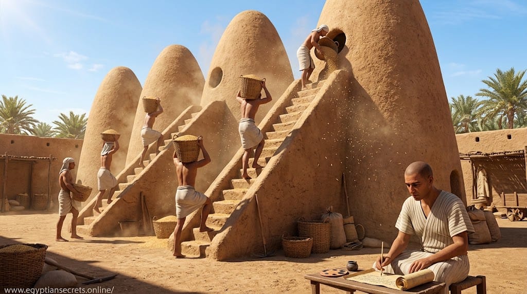 Workers pouring grain into a domed state granary while a scribe records the amount