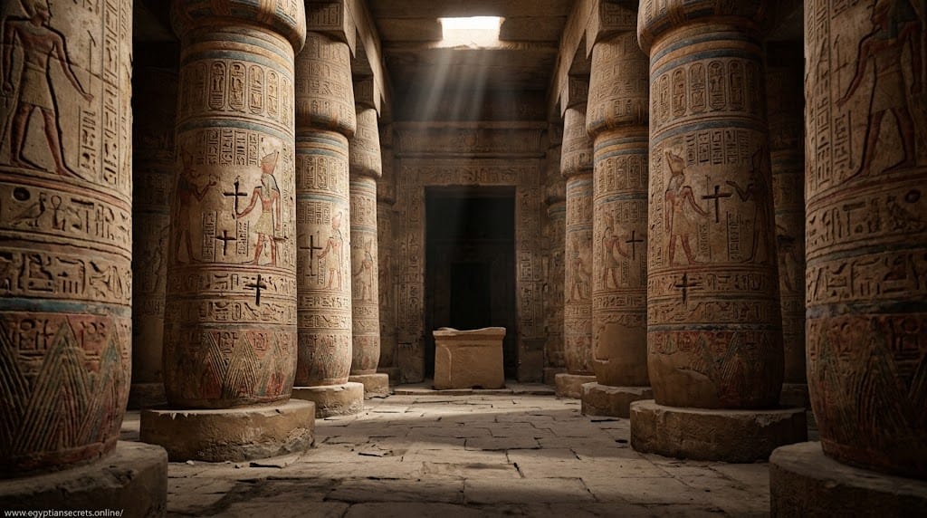 Christian crosses carved over older Egyptian reliefs on temple columns