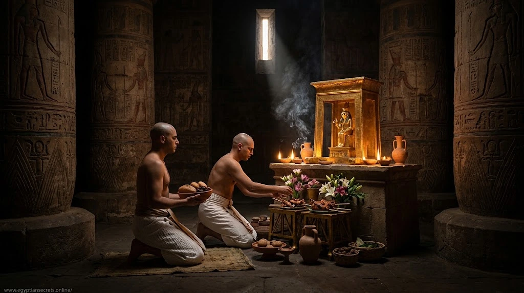 Priests performing the daily offering ritual in an Egyptian temple sanctuary