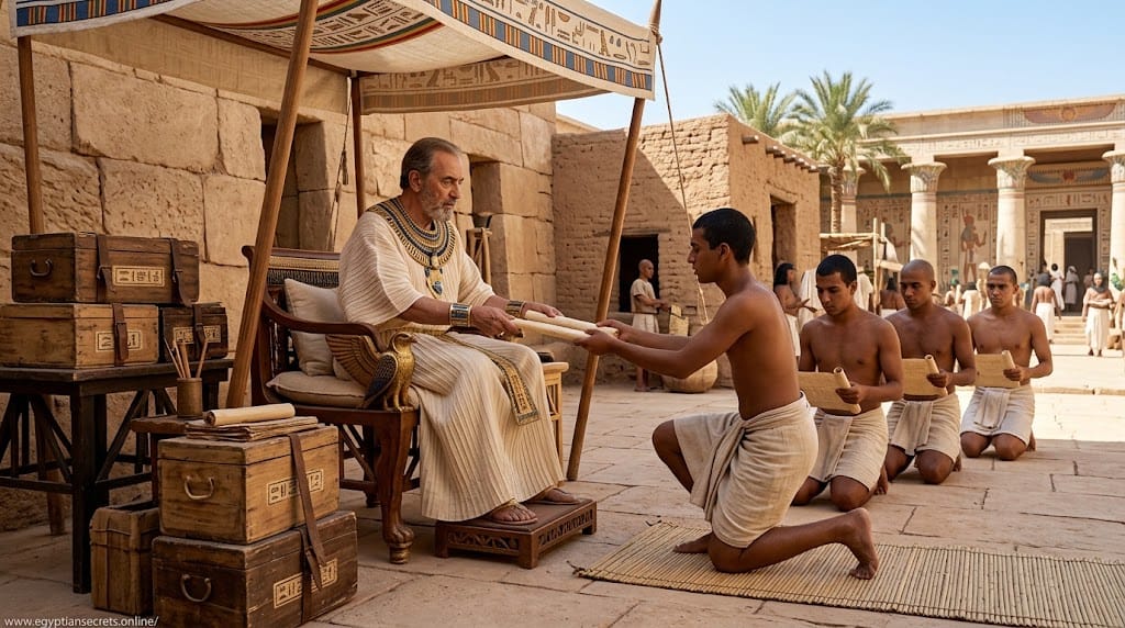 An Egyptian vizier reviewing papyrus reports presented by scribes