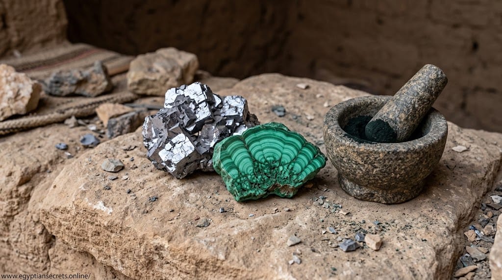 Raw galena and malachite mineral samples used to make Egyptian eye cosmetics