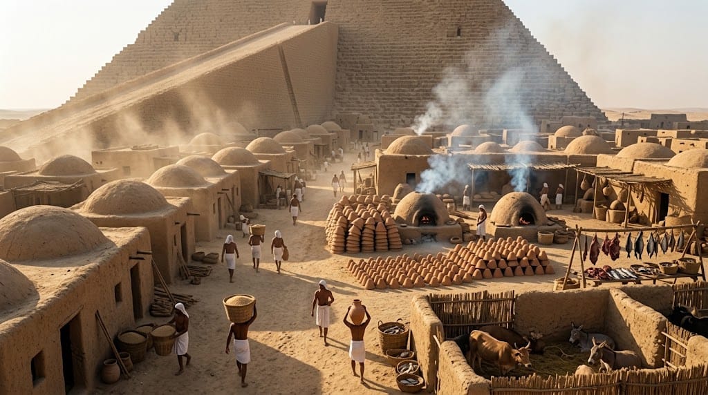Bread ovens and mudbrick buildings in the settlement that housed pyramid workers at Giza