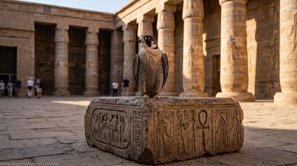 A falcon perched on a carved stone plinth in an Egyptian temple