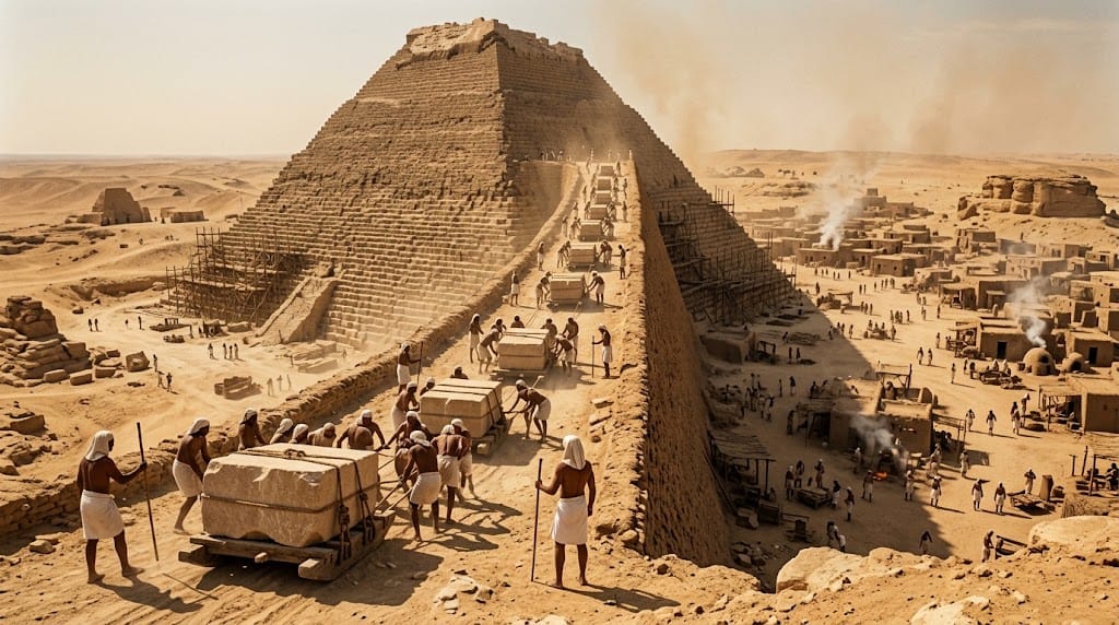 Workers hauling limestone blocks on sledges up a ramp showing how the pyramids were built