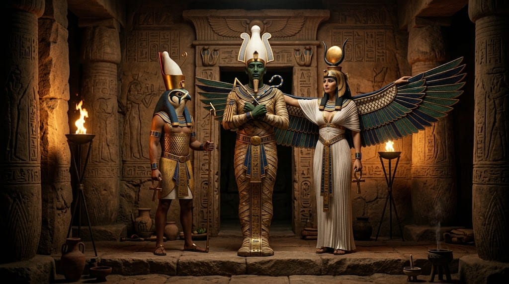 Isis protecting the mummiform Osiris with the young Horus beside them