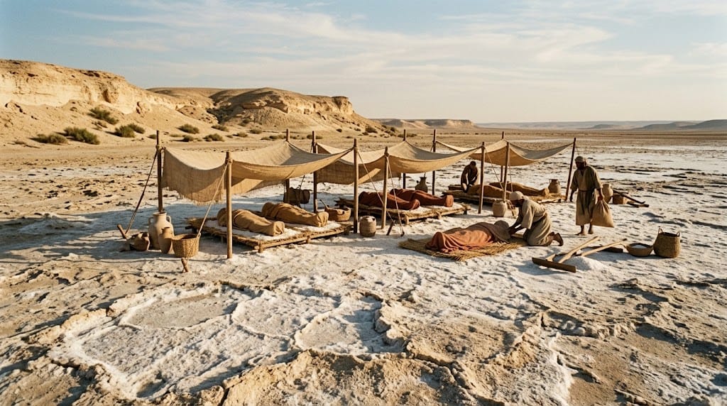 Natron salt deposits in a dry Egyptian lake bed used for drying bodies