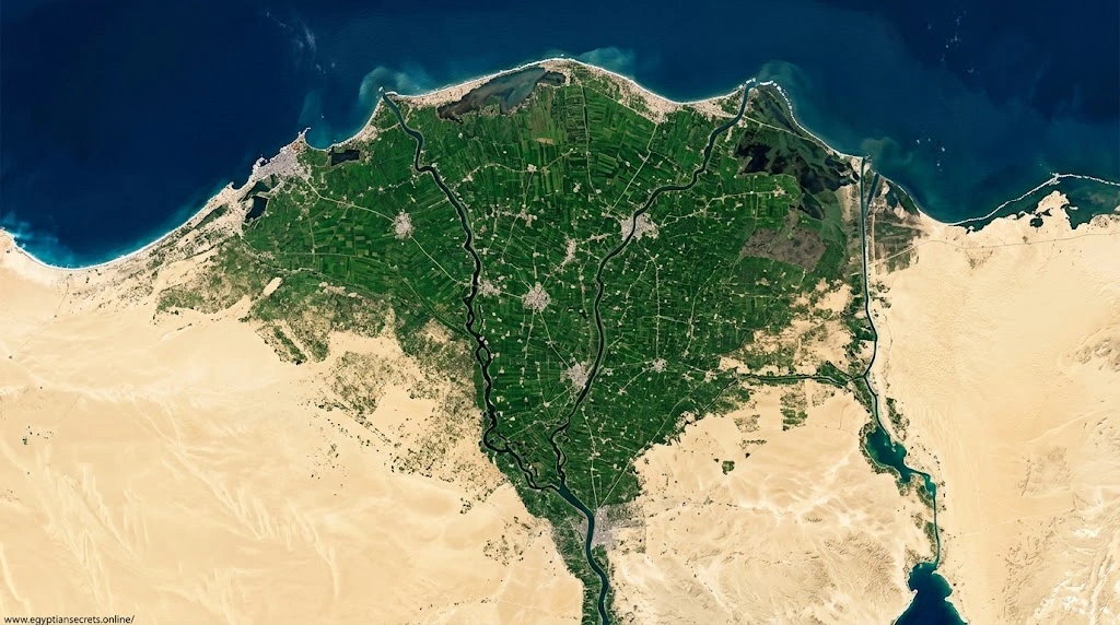 The green fan of the Nile Delta spreading into the Mediterranean