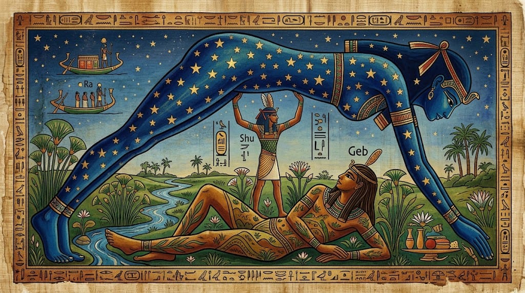The sky goddess Nut arched over the earth god Geb in Egyptian cosmology