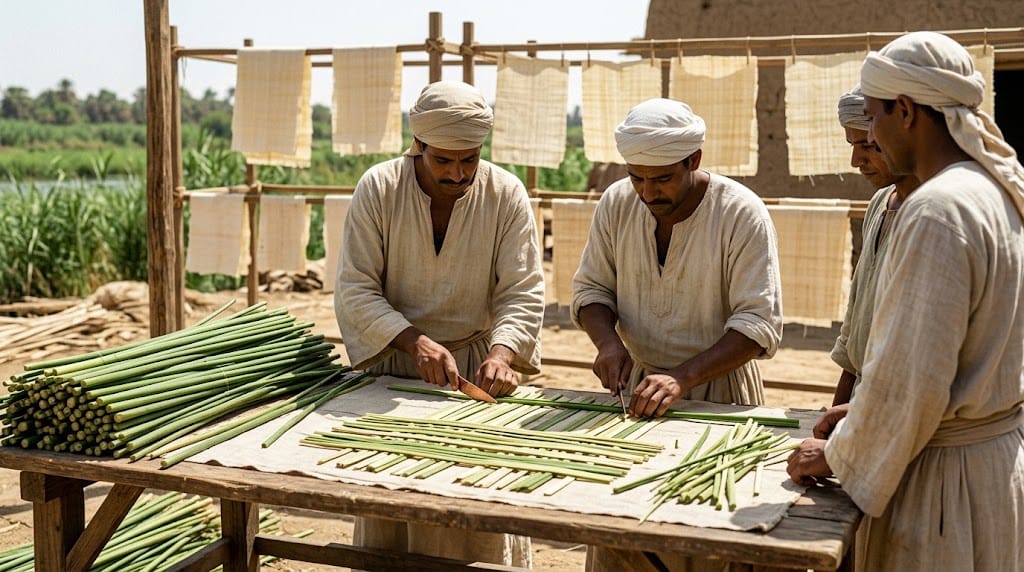 Workers laying papyrus strips in crossed layers to make writing sheets