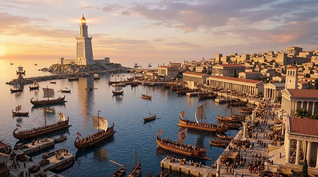 The harbour of Ptolemaic Alexandria with the lighthouse of Pharos