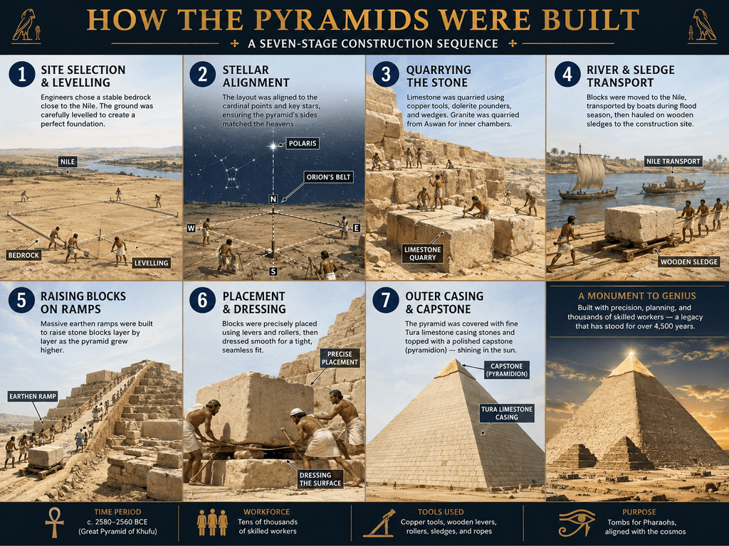 Seven-step diagram of pyramid construction from site levelling to placing the capstone