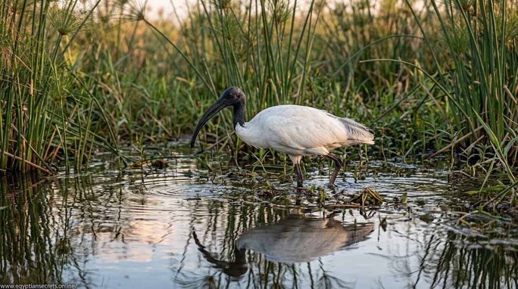 A sacred ibis wading in Nile shallows, the bird associated with Thoth