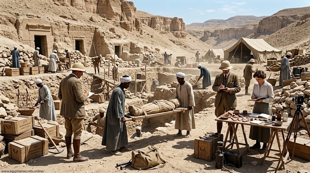 Archaeologists cataloguing objects during a 1920s Egyptian excavation