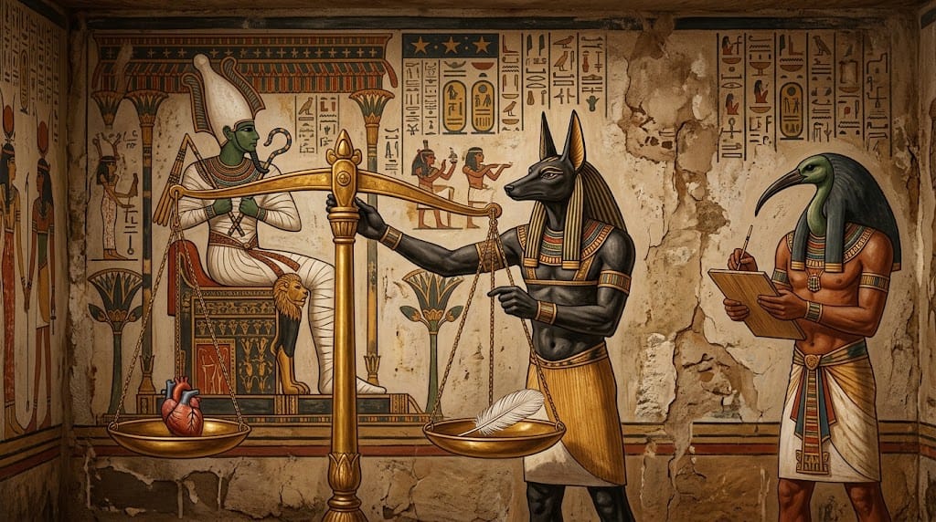 Anubis weighing a heart against the feather of Maat while Thoth records the result