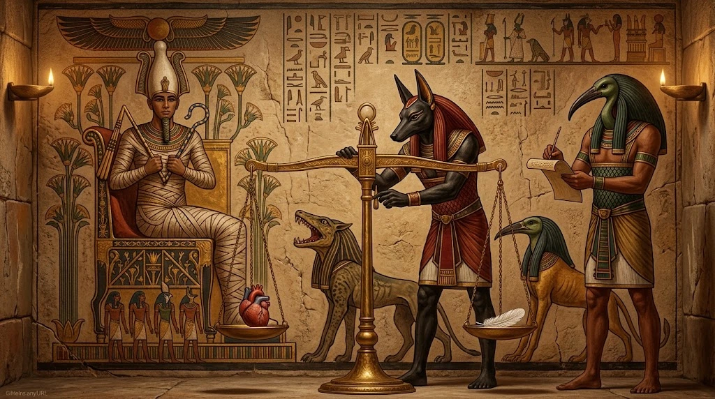 The weighing of the heart against the feather of Maat at the judgement of the dead