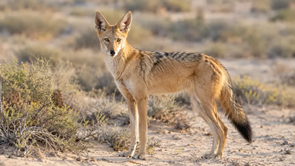 An African golden wolf standing in desert scrub, the animal associated with Anubis