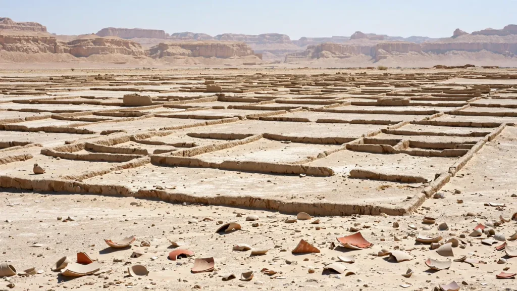 Low mudbrick foundations of the abandoned city of Amarna in the desert