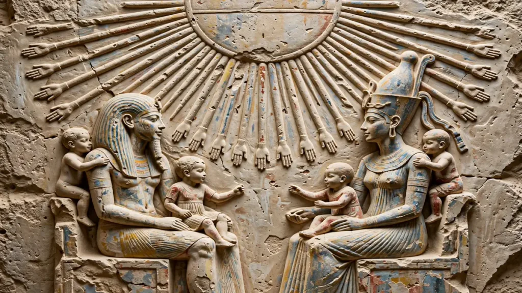 Amarna relief showing Akhenaten and Nefertiti with their daughters under the sun disc