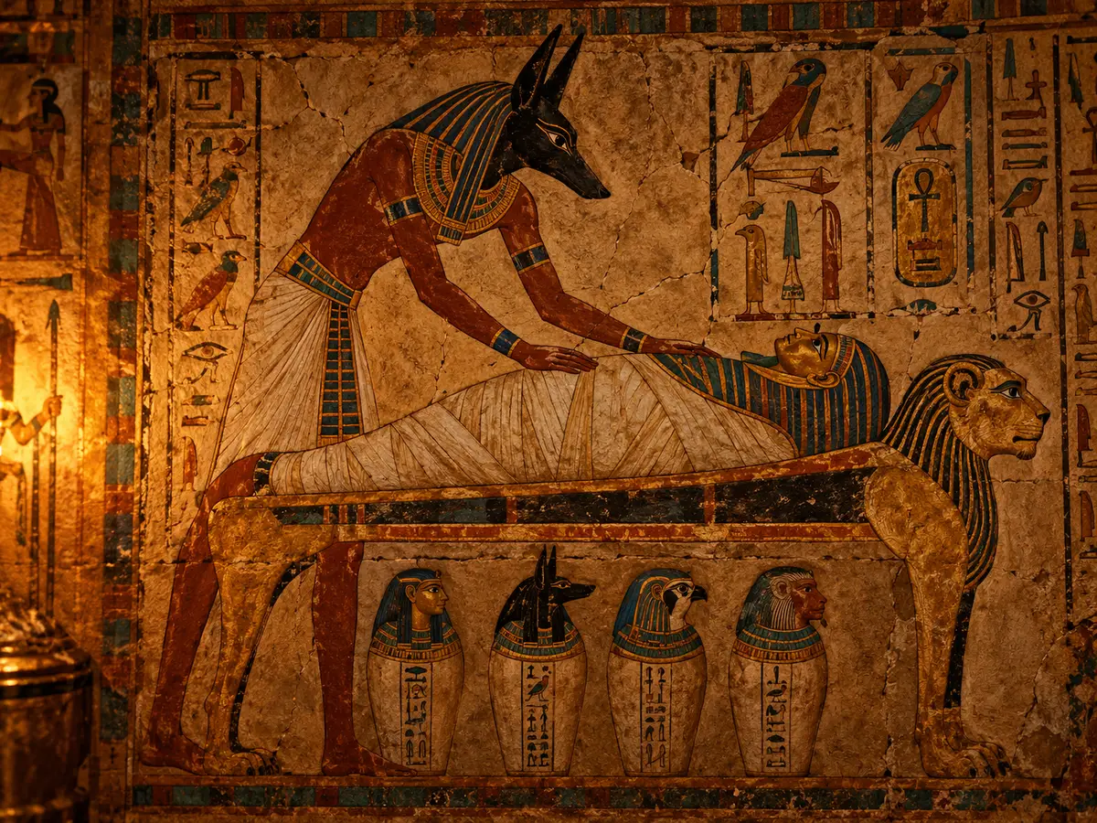 The black canine-headed god Anubis bending over a mummy on a lion-shaped bier
