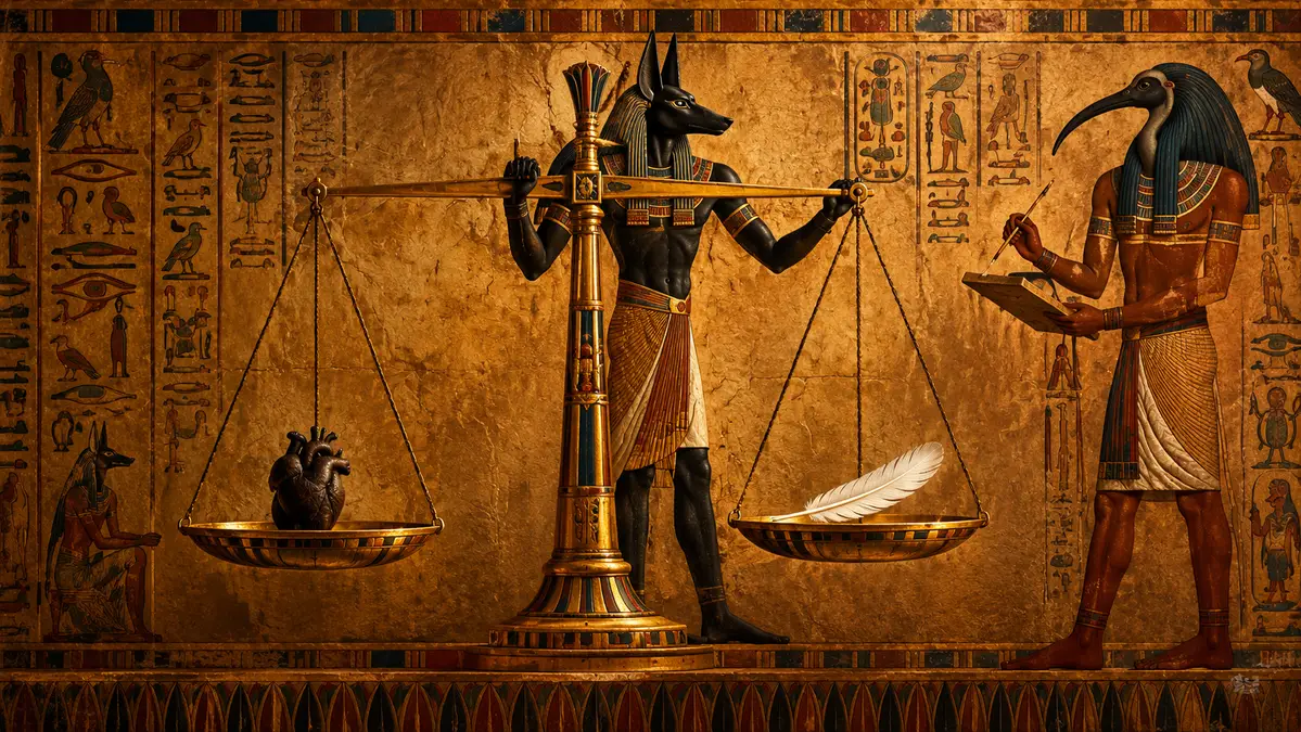 Anubis adjusting a balance scale weighing a heart against a feather