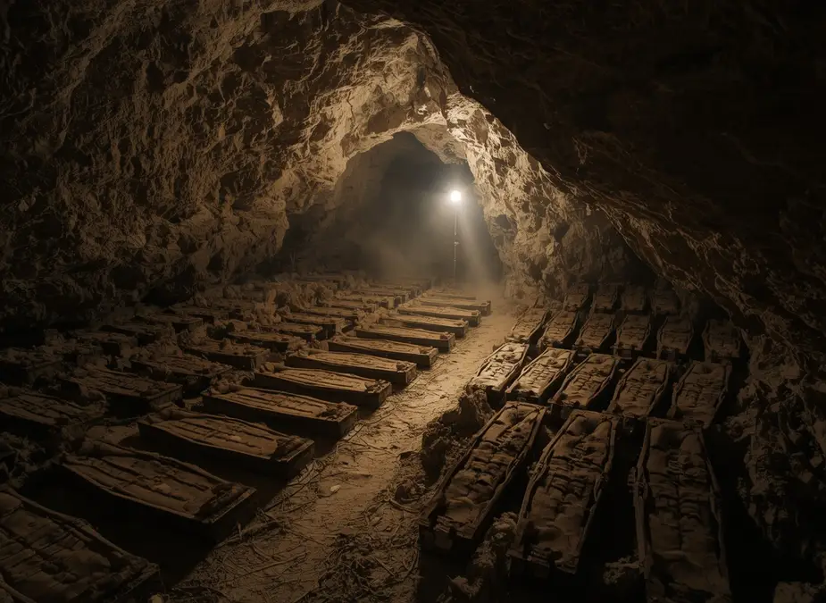Stacked wooden coffins in a cliff chamber where priests hid the royal mummies