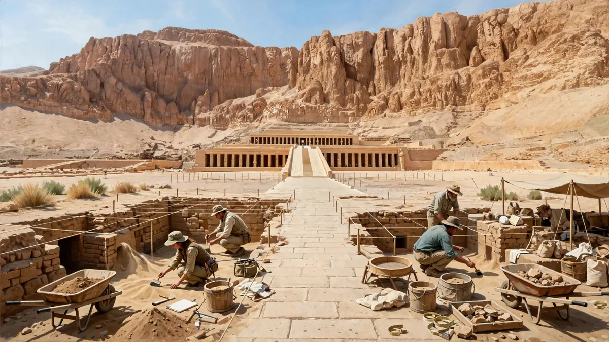 Illustration of archaeologists excavating rock-cut tombs at Deir al-Bahri near Luxor